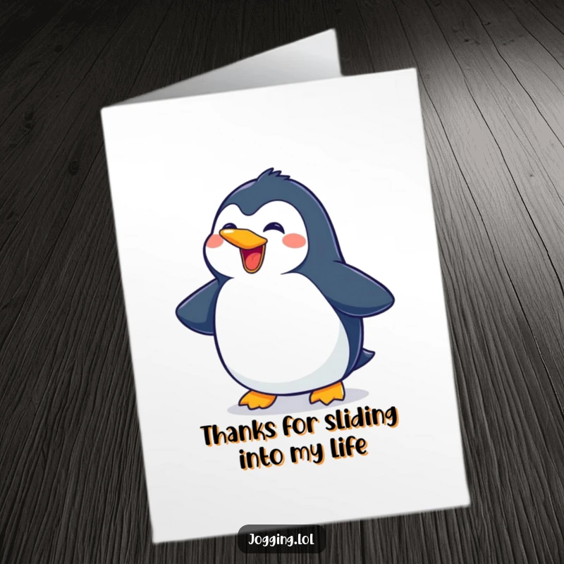 Funny Free Printable Thank You Card: A delighted penguin slides forward with a wide grin, expressing heartfelt thanks.