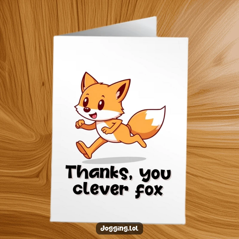 Funny Free Printable Thank You Card showing a happy fox runner expressing thanks, a fast and funny gift.