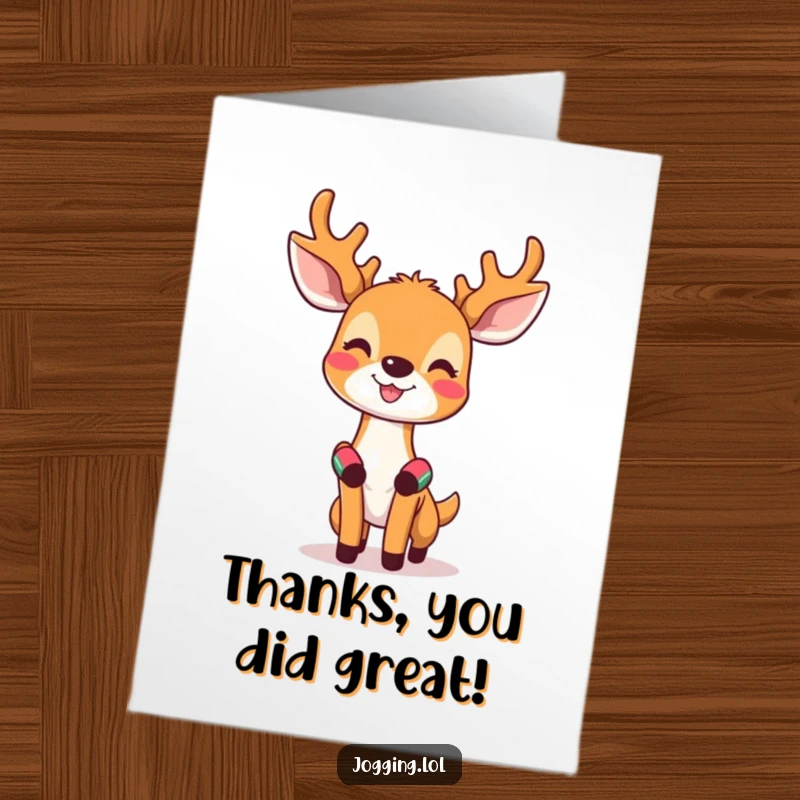 Funny Free Printable Thank You Card of a happy deer with tiny sweatbands looking invigorated while jogging.