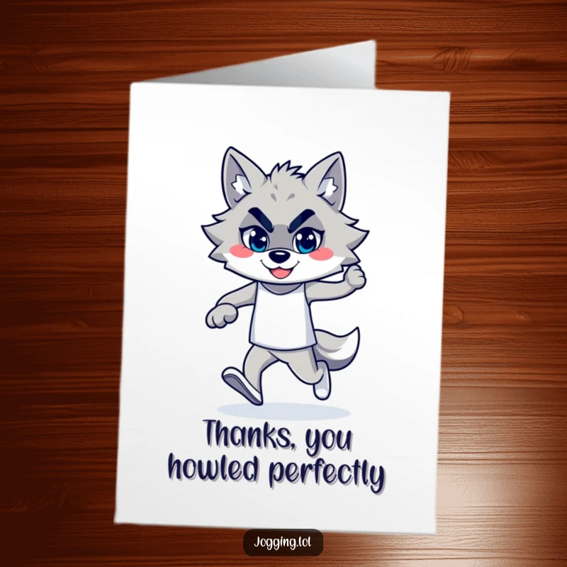 Funny Free Printable Wolf Thank You Card featuring a proud wolf jogger with a confident, happy smile.
