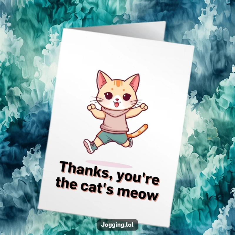 Funny Free Printable Thank You Card: A sleek cat in athletic wear performing a dynamic jump, sending thanks.