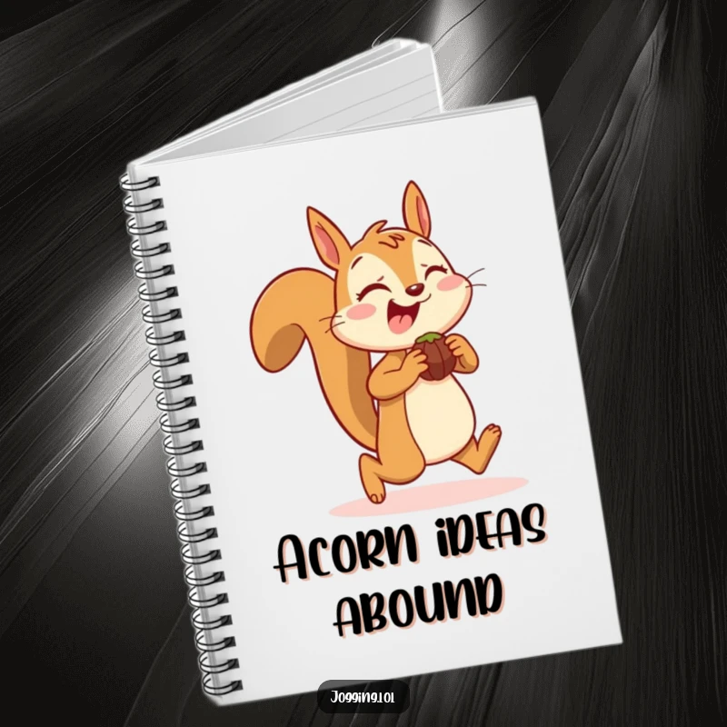Funny notebook featuring a joyful squirrel character jogging with nuts, perfect for note-taking with a nutty, humorous theme.
