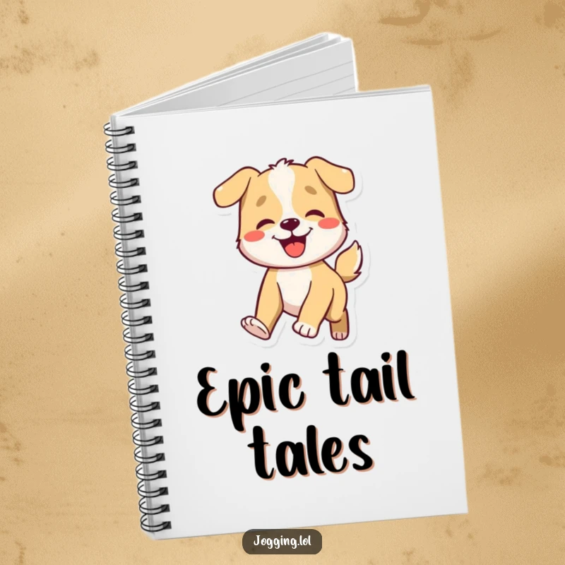 Funny dog notebook featuring a smiling character with its tail wagging enthusiastically, perfect for jotting down happy thoughts and ideas.