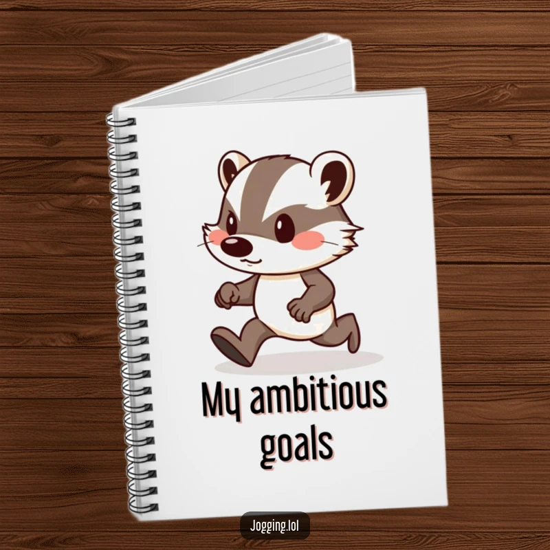 Funny notebook with a determined badger, puffed cheeks, jogging uphill, ideal for note-taking.