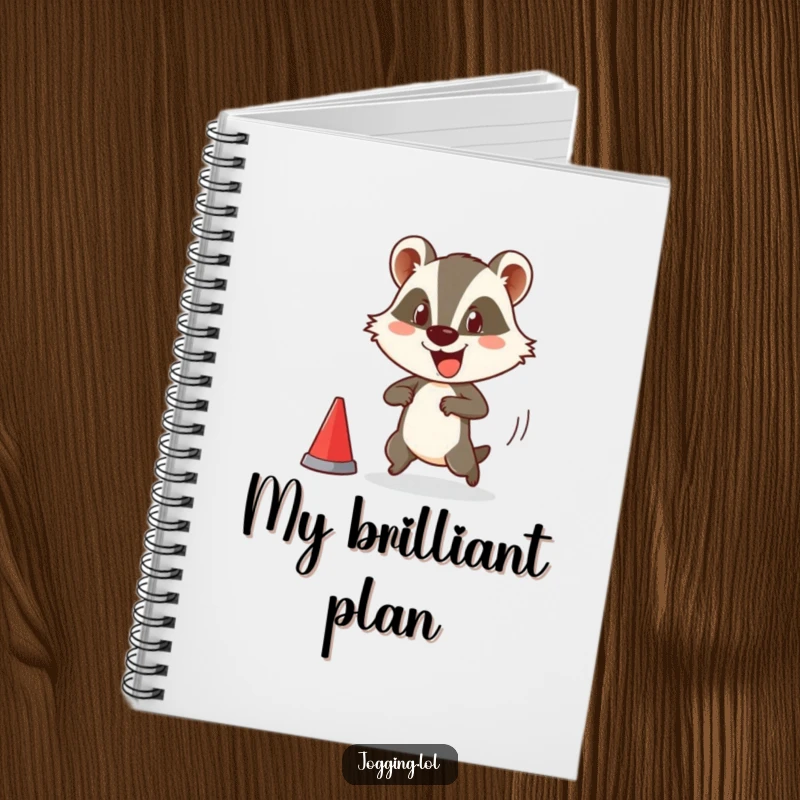 Funny notebook with a happy badger character comically starting a race, ideal for writing, journaling, or doodling with a humorous and energetic theme.