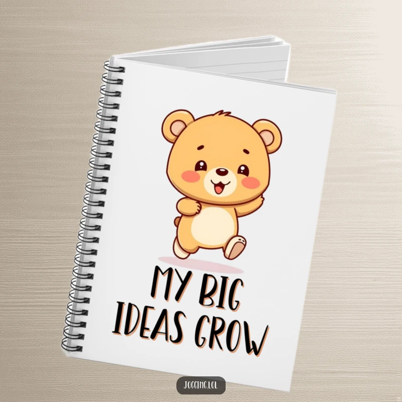 Funny bear cub notebook featuring a gleeful character bouncing with each stride, designed for writing with energetic flair, a fun present.