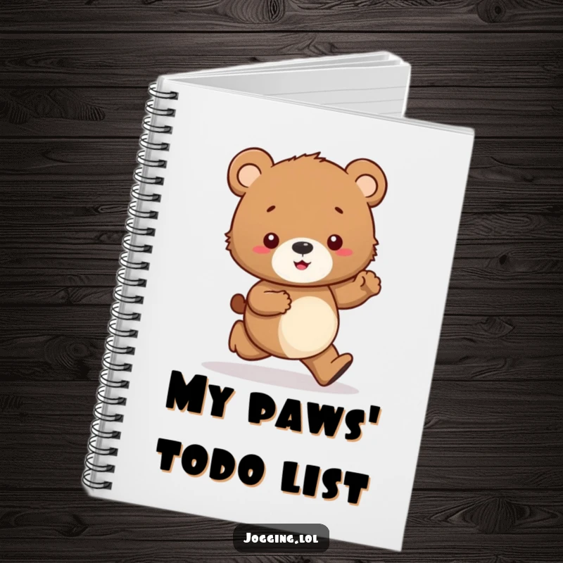 Funny notebook with a cover illustration of a curious bear cub character jogging tentatively, gazing at its paws.