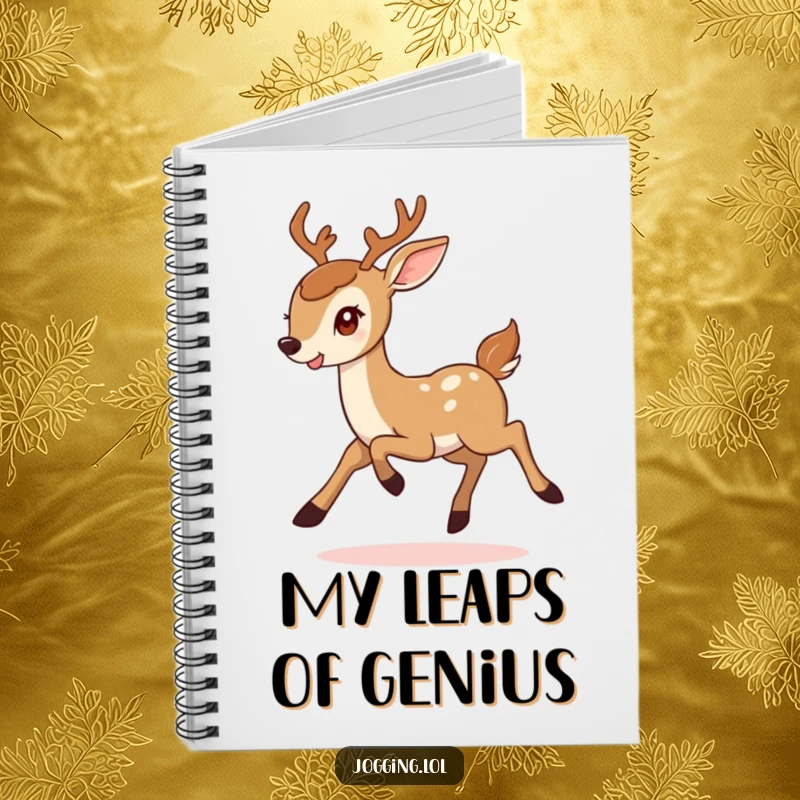 Funny notebook with a smiling deer bounding determinedly, perfect for jotting down notes with a dose of humor and energetic motivation.