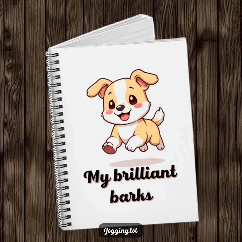 Funny Notebook with a playful dog character running with its ears flopping happily, inspiring happy notes.