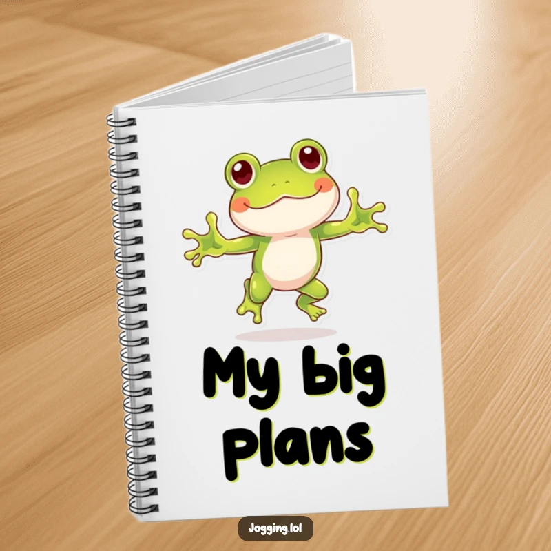 Funny frog notebook showcasing a playful frog character hopping with humorous enthusiasm, ideal for jotting down ideas.