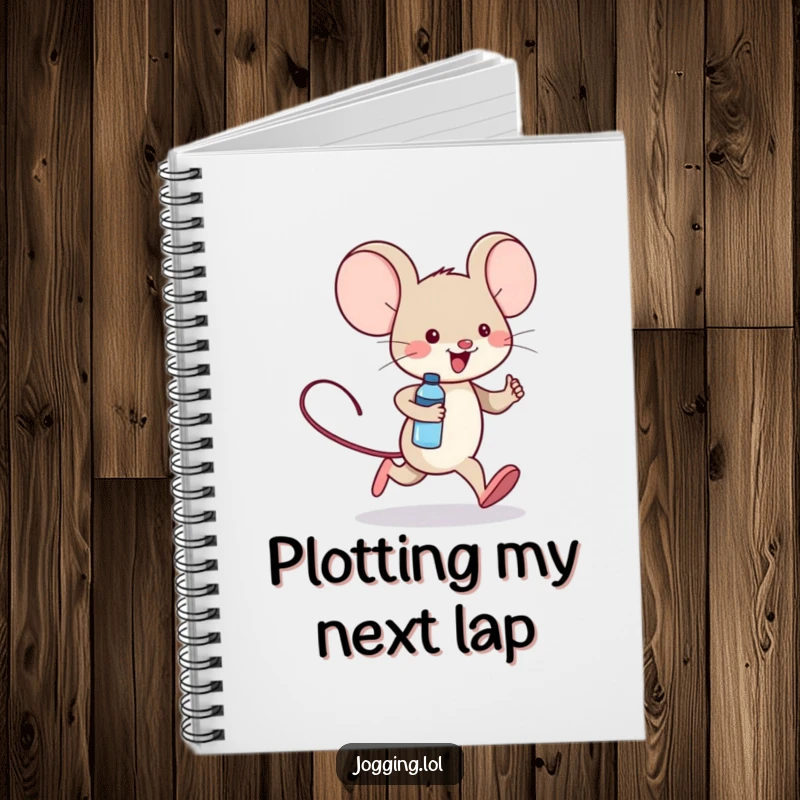 Funny notebook with a cheerful mouse character shown jogging with a small water bottle, encouraging energetic note-taking.