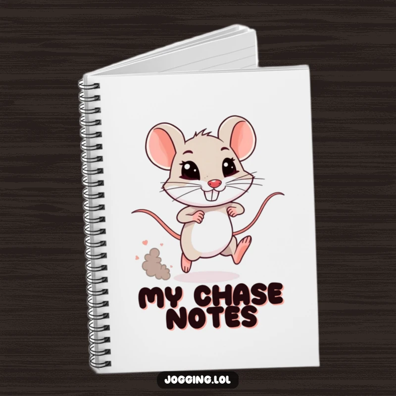 Funny mouse notebook with a determined, grinning tiny rodent sprinting and leaving a dust cloud. Perfect for jotting down ideas humorously.