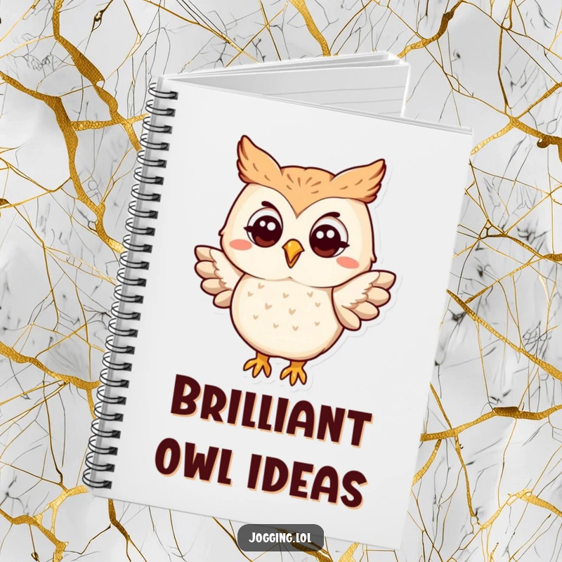 Funny owl notebook featuring a happy protagonist gently flapping its wings, perfect for jotting down wise thoughts and humorous ideas.
