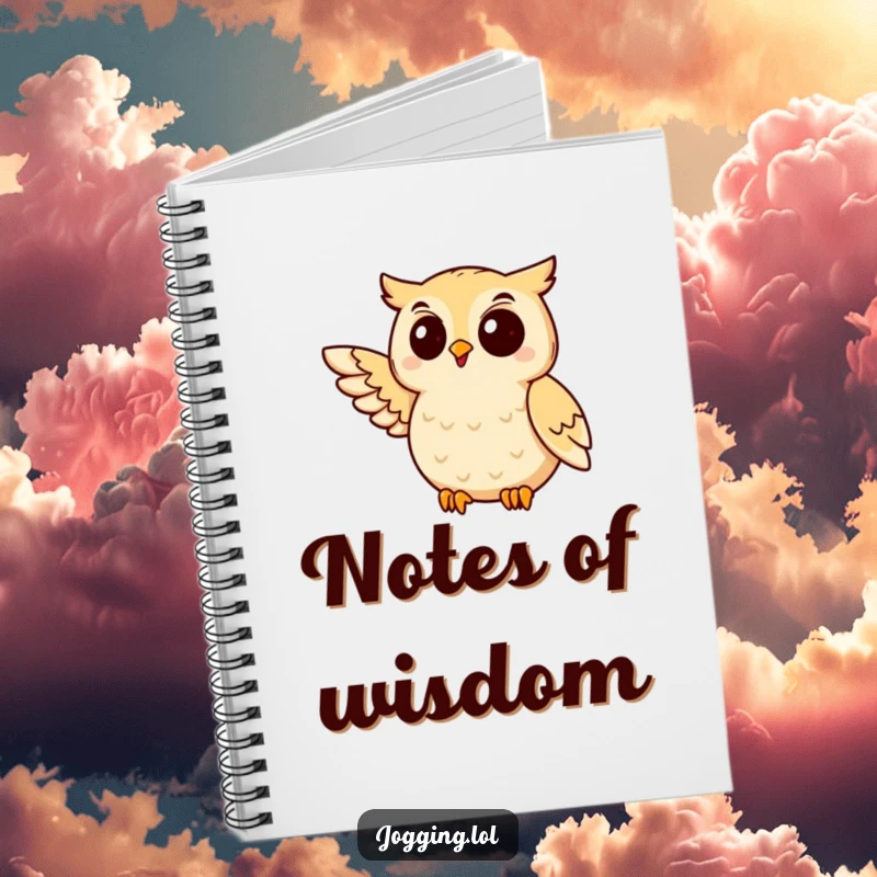 Funny owl notebook featuring a delighted bird mid-jog with wing extended, perfect for note-taking with humor.