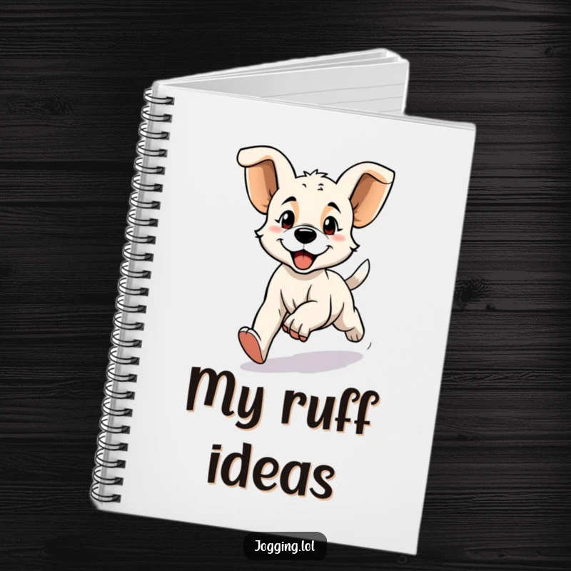 Funny notebook featuring a determined puppy character jogging with big floppy ears, perfect for note-taking with humorous dog-lover flair.