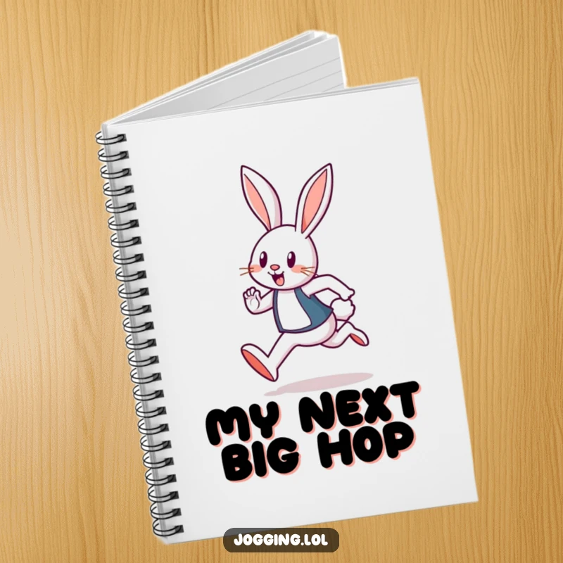 Funny notebook cover with a cheerful rabbit jogger mid-hop, inspiring energetic note-taking and creative thinking.