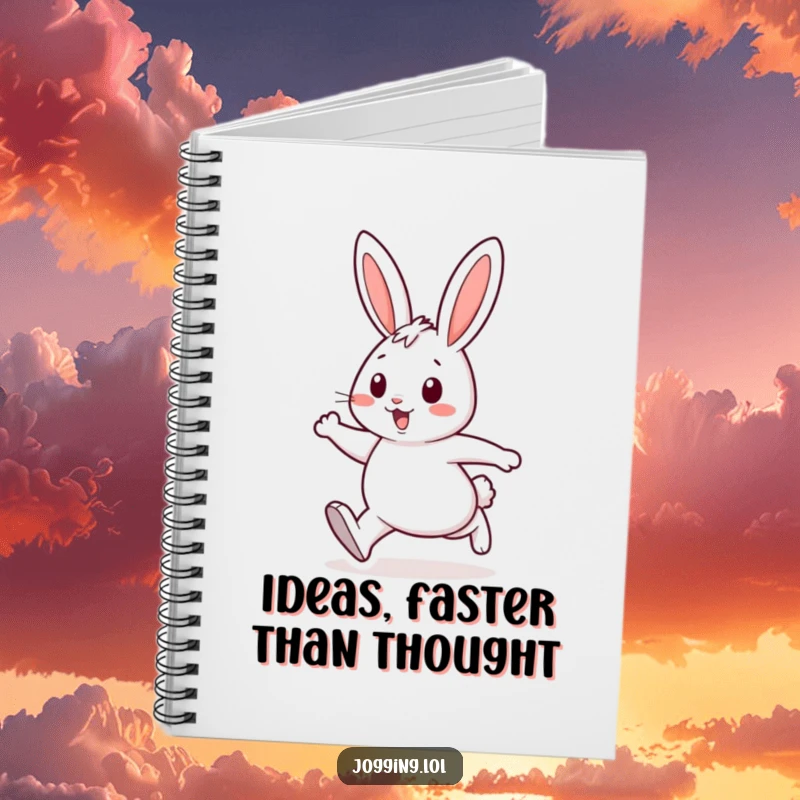 Funny notebook with a cheerful rabbit character displaying energetic strides, ideal for journaling, note-taking, or creative writing.