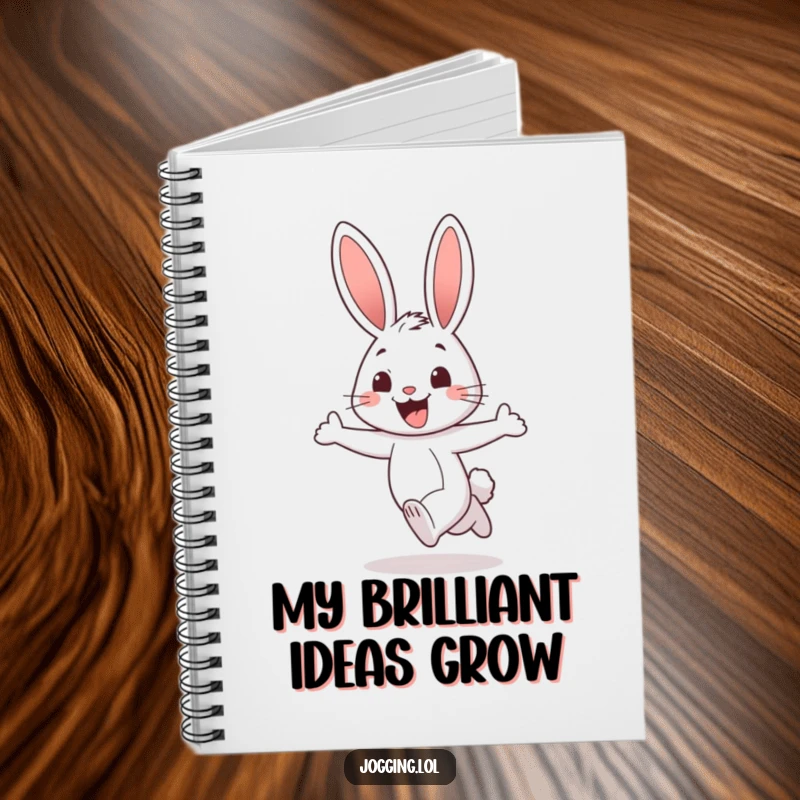 Funny rabbit notebook featuring a cheerful character jogging with a wide, excited grin, designed for writing with energetic flair, a fun present.