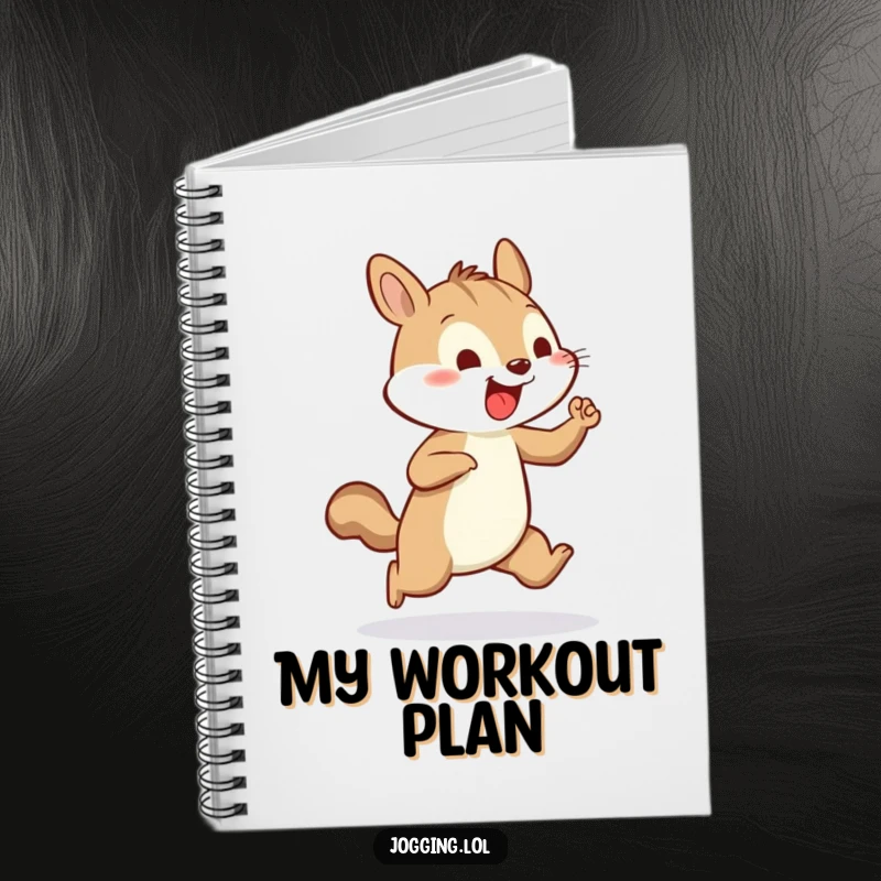 Funny notebook cover with a cheerful squirrel vigorously pumping its tiny arms while jogging, inspiring energetic note-taking.
