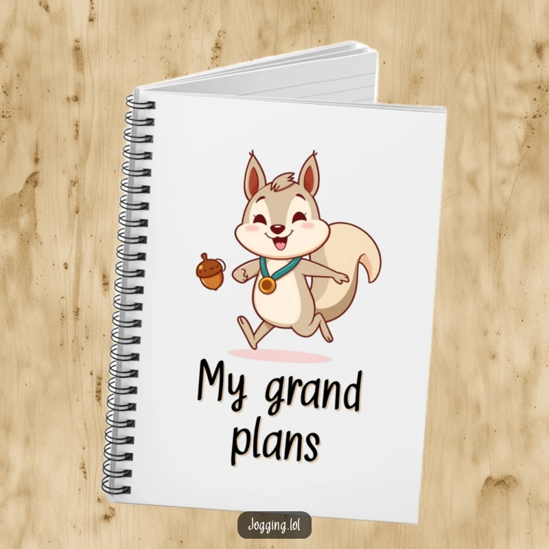 Funny Notebook with a smiling squirrel character jogging enthusiastically, holding an acorn like a medal, perfect for note-taking.