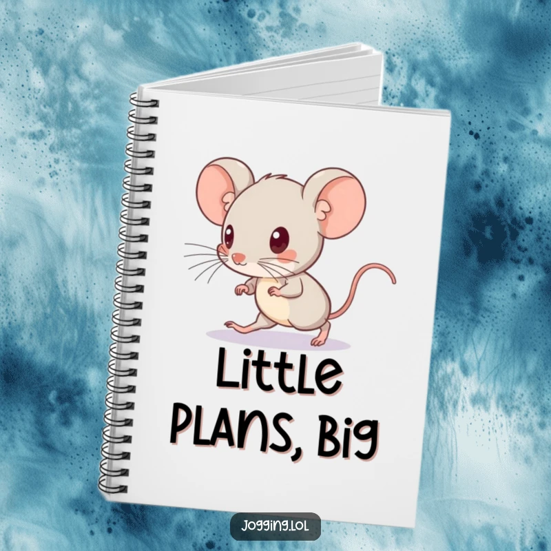 Funny notebook with a curious mouse picking up its pace, looking ahead, ideal for note-taking.