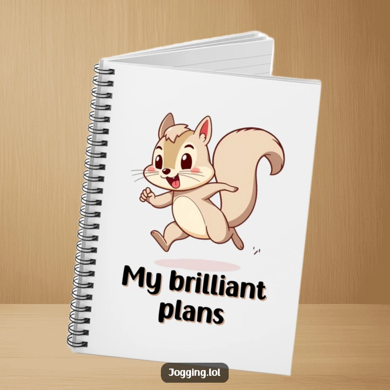 Funny notebook with a playful squirrel character bounding with exertion, perfect for journaling, note-taking, or tracking goals.