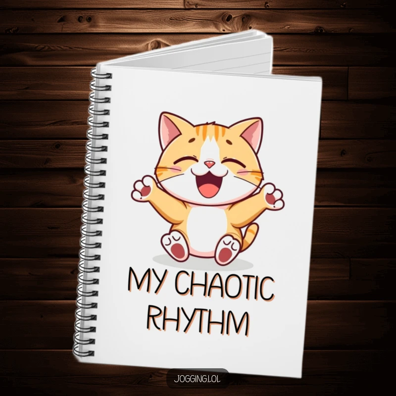 Funny notebook with a joyful cat character displaying paws pumping rhythmically, perfect for journaling, songwriting, or music notes.