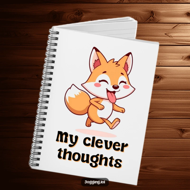 Funny Notebook with a cheerful fox character jogging with its tongue playfully sticking out, inspiring creative writing.