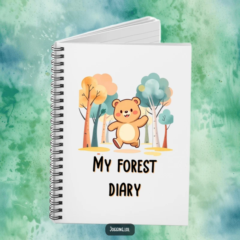 Funny notebook featuring a jubilant bear character jogging through abstract trees, encouraging cheerful note-taking.