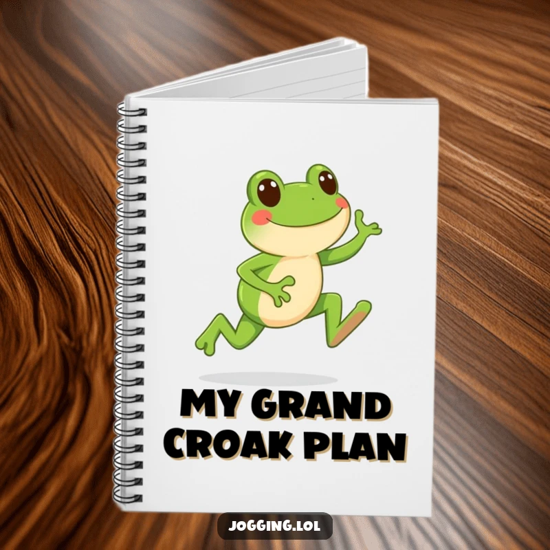 Funny notebook with a happy frog character leaping forward with each jogging stride, ideal for jotting down cheerful ideas.