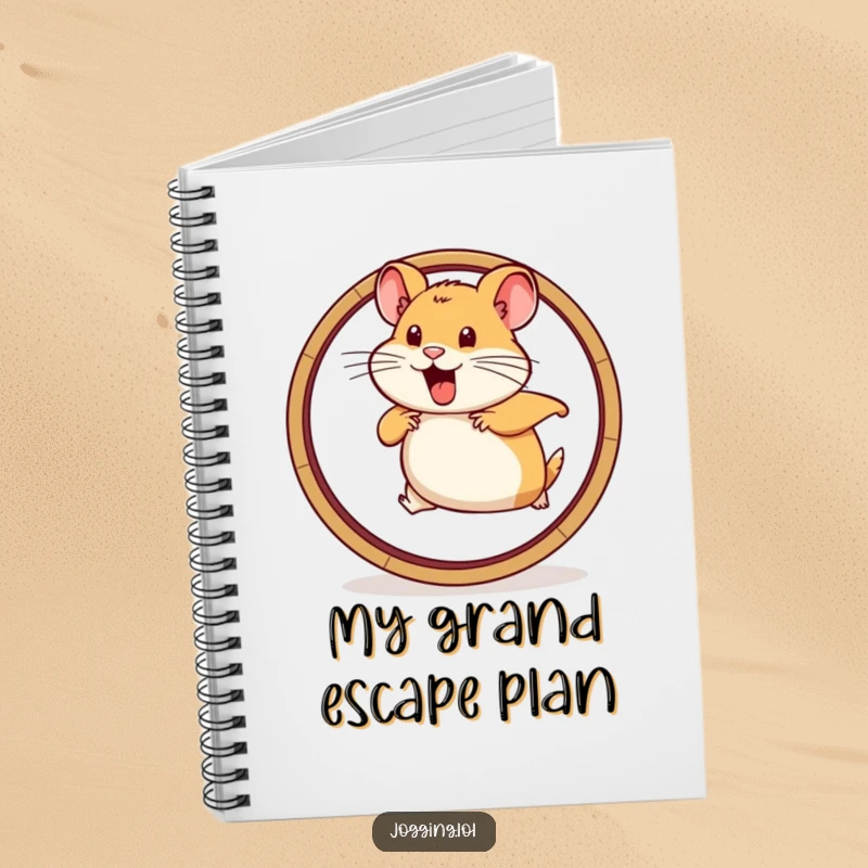 Funny notebook featuring a determined hamster character running vigorously on a wheel graphic, inspiring focused note-taking.