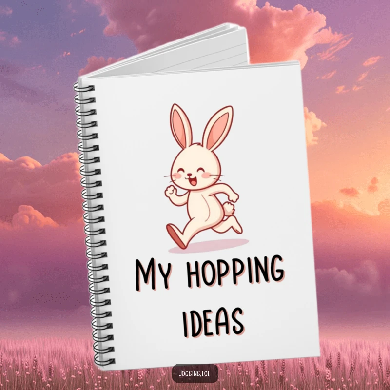 Funny notebook with a cover illustration of a joyful bunny character performing a happy hop while jogging.