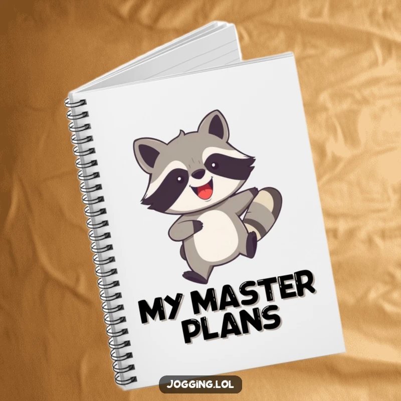 Funny notebook with a joyful raccoon with legs churning rapidly, perfect for jotting down notes with a dose of humorous speed and energy.