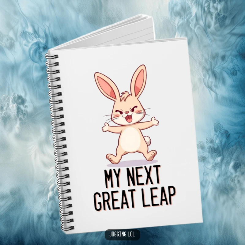 Funny energetic bunny notebook, determined rabbit, legs extended, motivational writing, journal, unique funny gift
