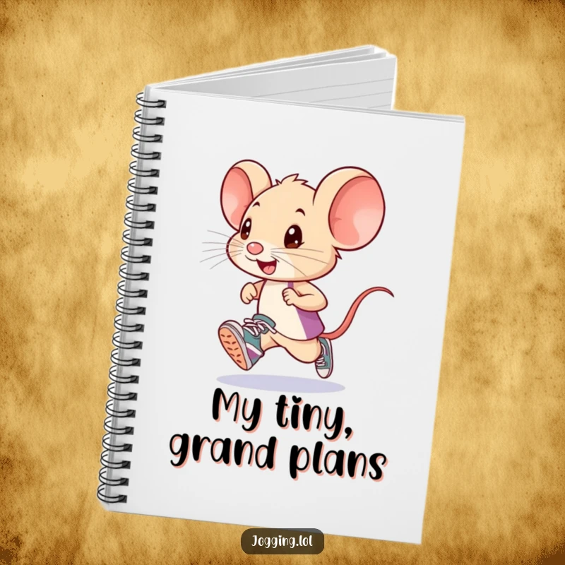 Funny mouse runner with tiny sneakers on a notebook cover, inspiring small steps towards big goals with humorous charm.