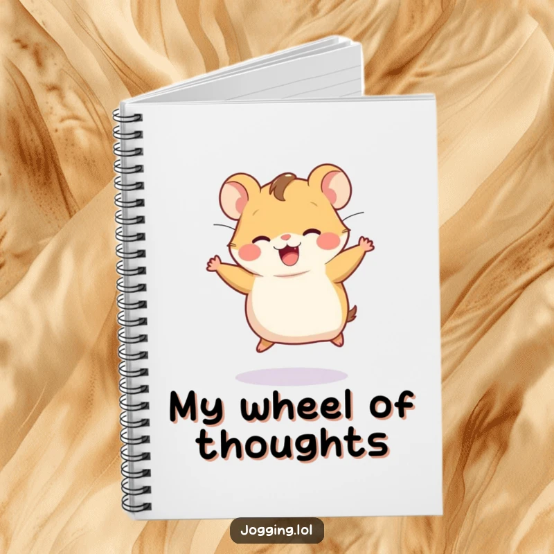 Funny notebook with a cover illustration of a joyful hamster character running on an invisible wheel.