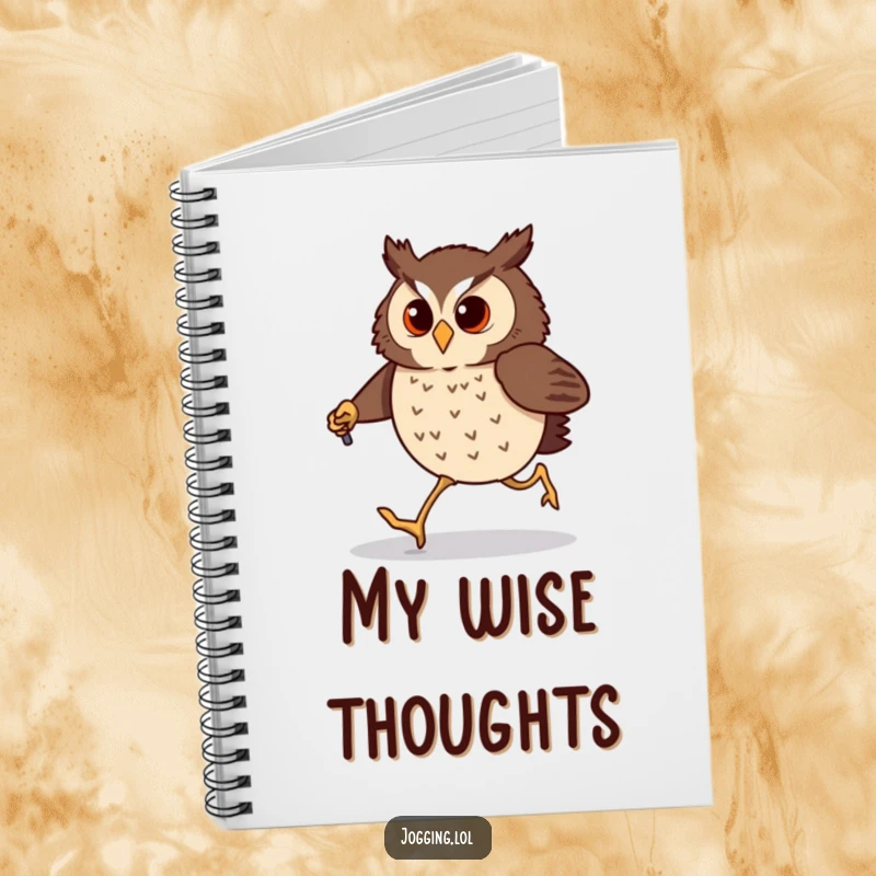 Funny owl notebook with a determined bird comically jogging using tiny jogging poles. Perfect for humorous journaling.