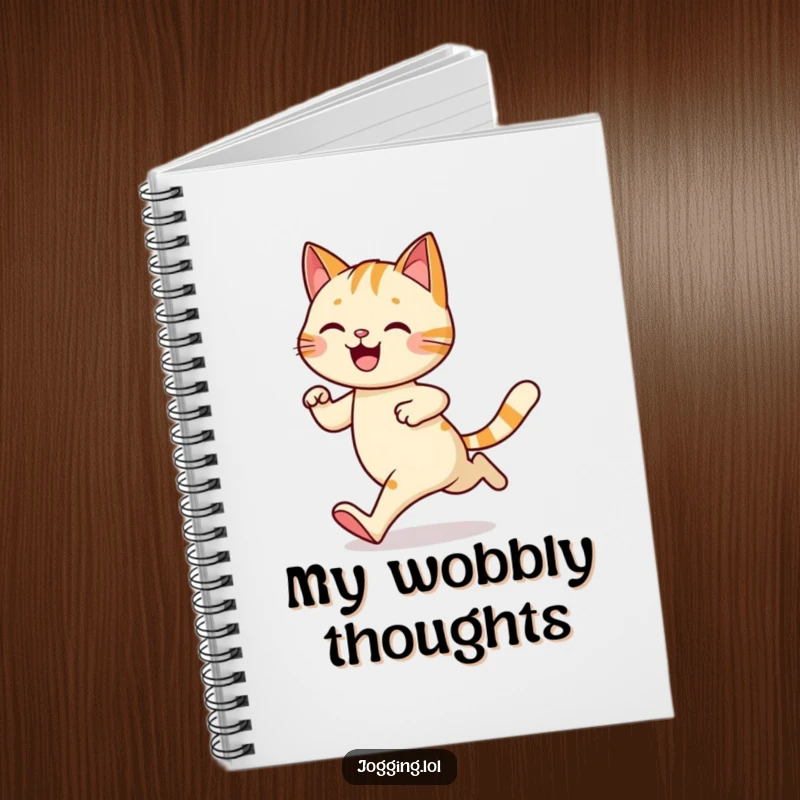 Funny notebook featuring a happy cat character jogging with a playful wobble, perfect for note-taking with humorous feline flair.