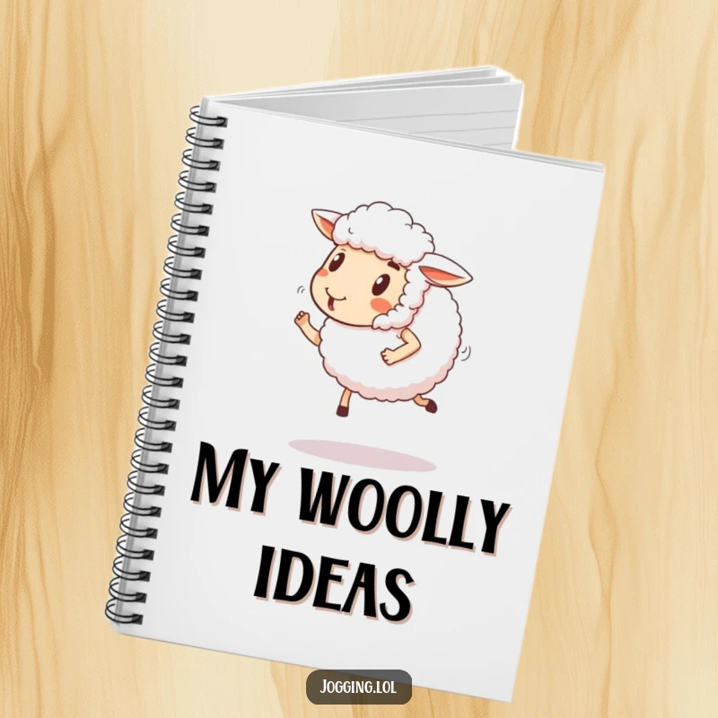 Funny sheep notebook with a fluffy sheep comically jogging with a happy expression. Perfect for humorous journaling.