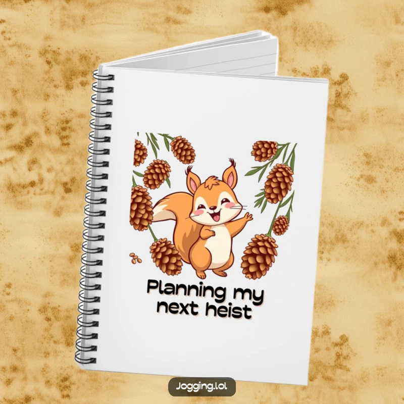 Funny squirrel notebook featuring a jovial character weaving playfully between cones, designed for writing with energetic flair, a fun present.