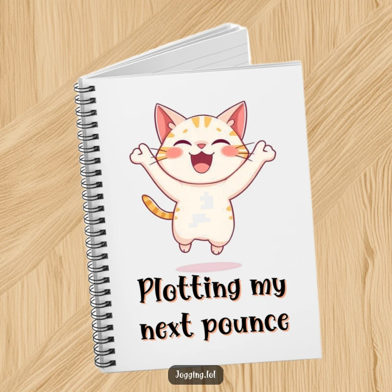 Funny cat notebook featuring a delighted character leaping joyfully, designed for writing and sketching with energetic flair, a fun present.