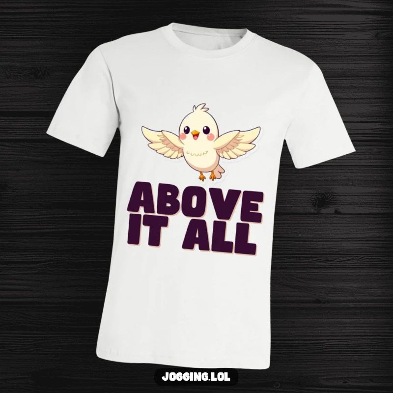 Funny bird t-shirt showcasing a happy bird character soaring with outstretched wings, radiating pure, humorous joy.