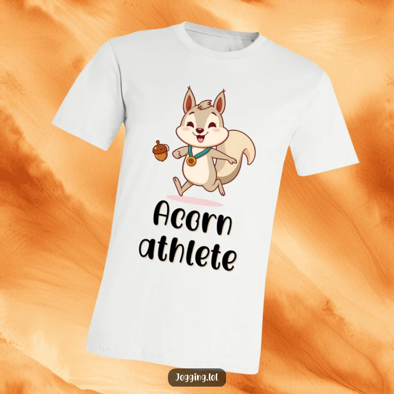 Funny T-Shirt showcasing a smiling squirrel jogger enthusiastically carrying an acorn like a prized medal, full of accomplishment.