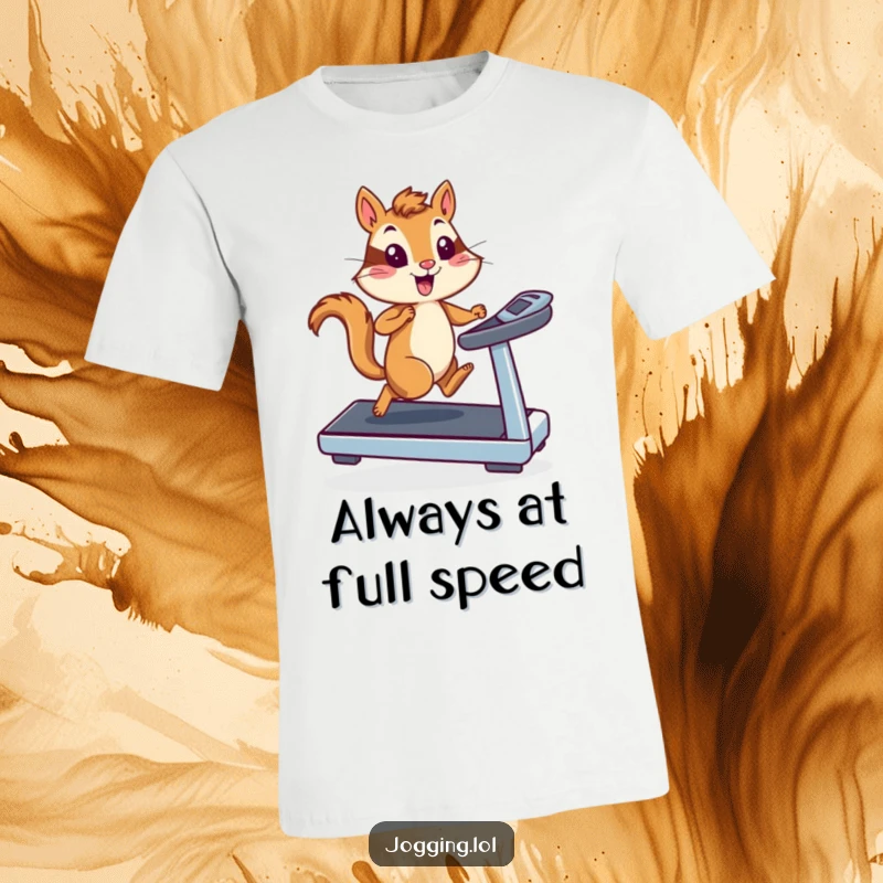 Funny chipmunk runner on a treadmill, captured at full speed with energetic action, printed on a t-shirt for humorous athletic appeal.