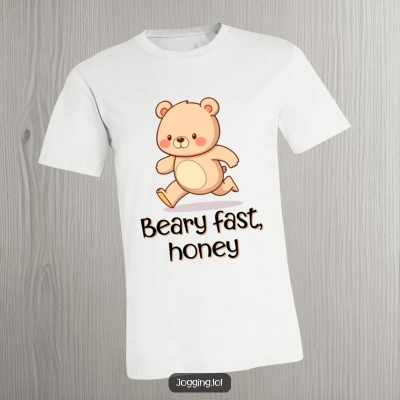 Funny t-shirt showcasing a diligent bear running with a happy, steady gait, embodying perseverance and a cheerful attitude for the wearer.