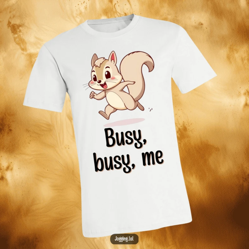 Funny t-shirt of a playful squirrel character bounding with noticeable exertion, motivating wearers to embrace their energetic side.
