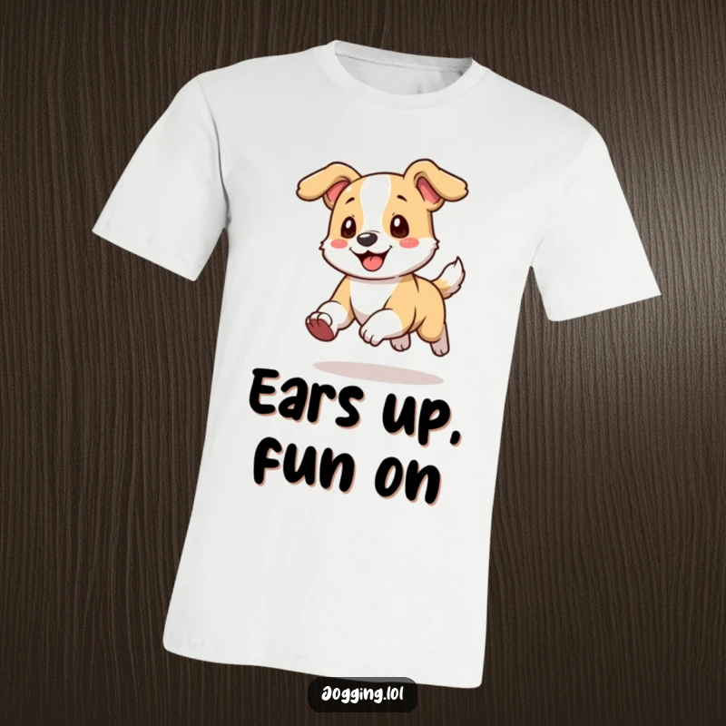Funny T-Shirt depicting a playful dog character running with its floppy ears flying happily, showcasing boundless energy.