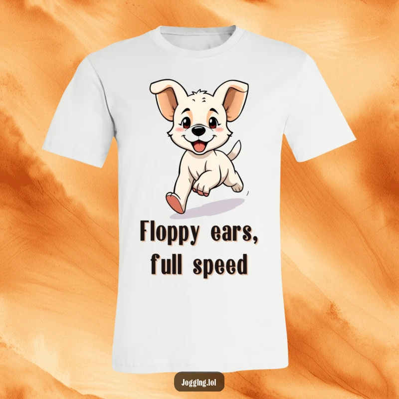 Funny T-shirt featuring a determined puppy character jogging with big floppy ears, ideal for dog lovers with an enthusiastic sense of humor.