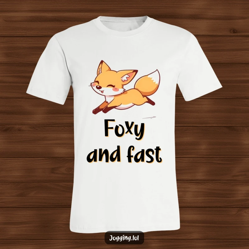 Funny cheerful fox t-shirt, legs tucked, moving fast, playful animal, dynamic leap, funny apparel, great funny gift