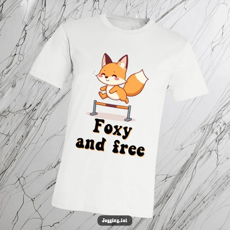 Funny fox t-shirt showing a playful character leaping joyfully over a hurdle, embodying spirit and lightheartedness, a fantastic funny gift.